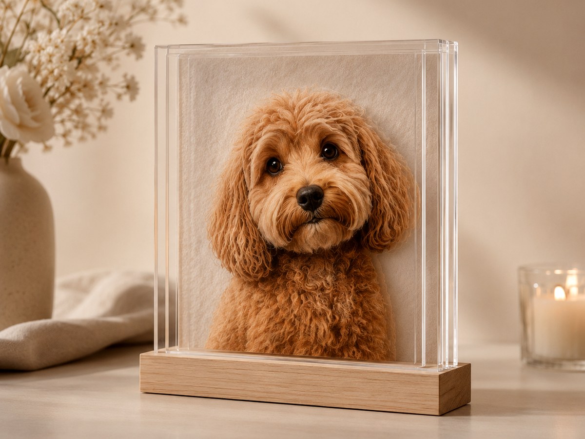 acrylic engraved pet portrait with glowing fine lines