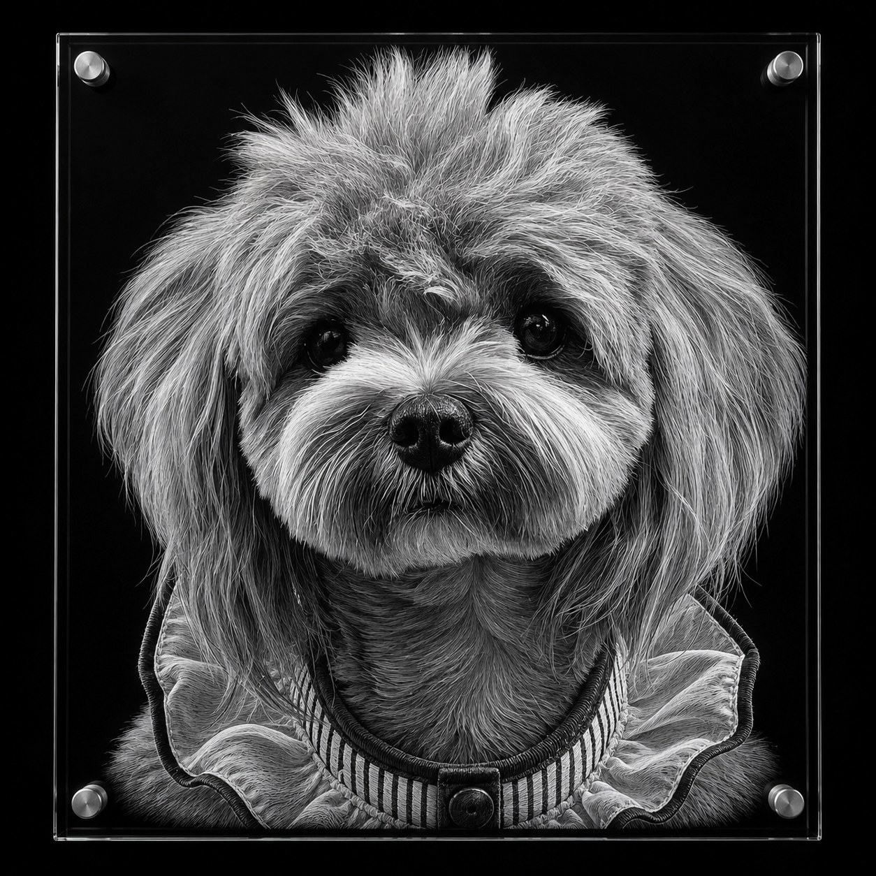 high detail acrylic engraved dog portrait on dark backing