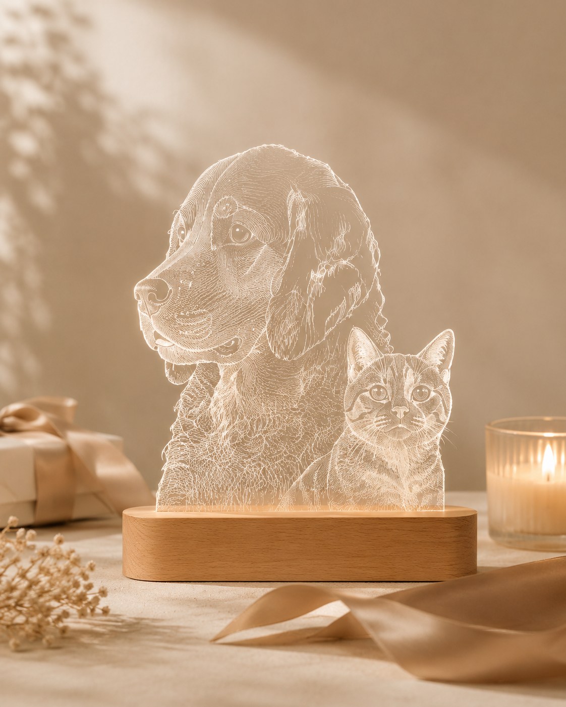 engraved acrylic pet portrait lamp with dog and cat line artwork