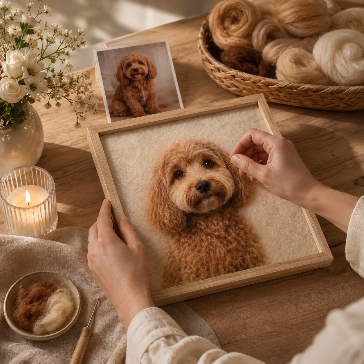 artisan hand needle felting a custom pet portrait