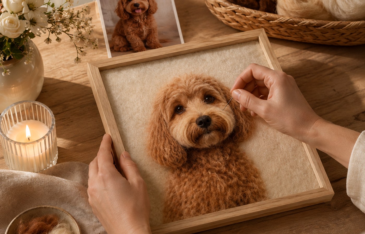 artisan hand making a wool felt pet portrait