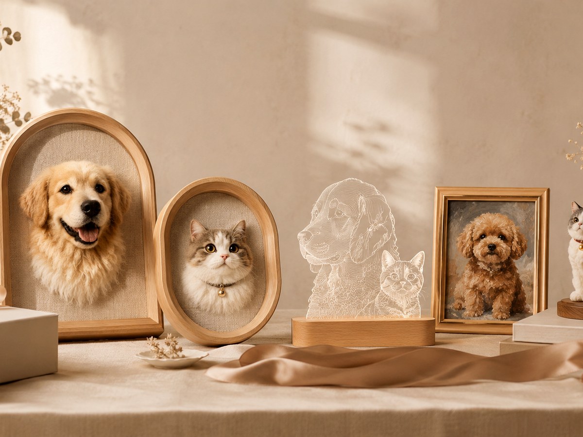 3D felted pet portrait sculpture of a dog in a wooden display