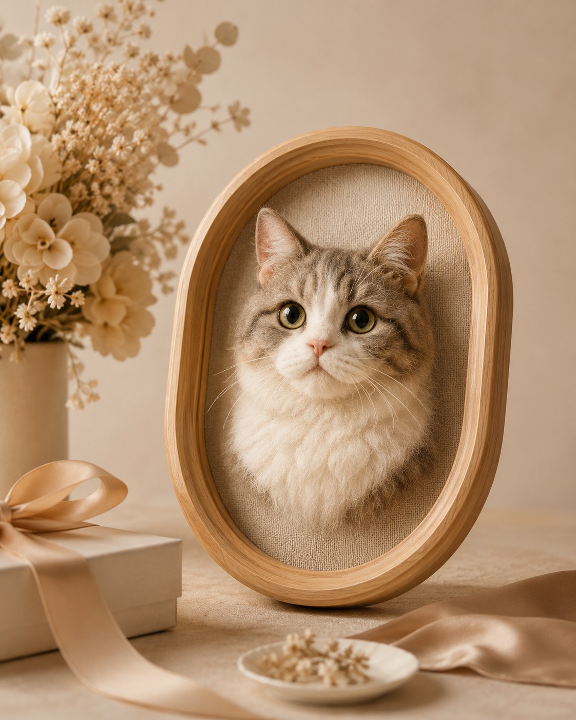 3D felted cat head portrait in oval wooden frame