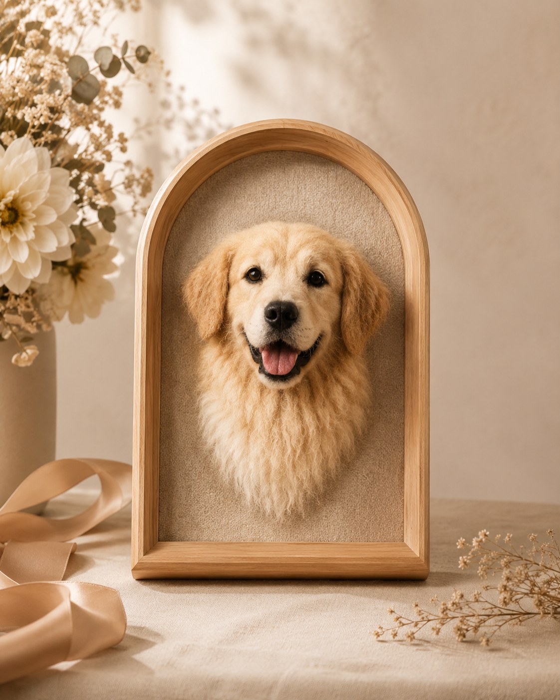 3D felted golden retriever pet head portrait in a wooden frame