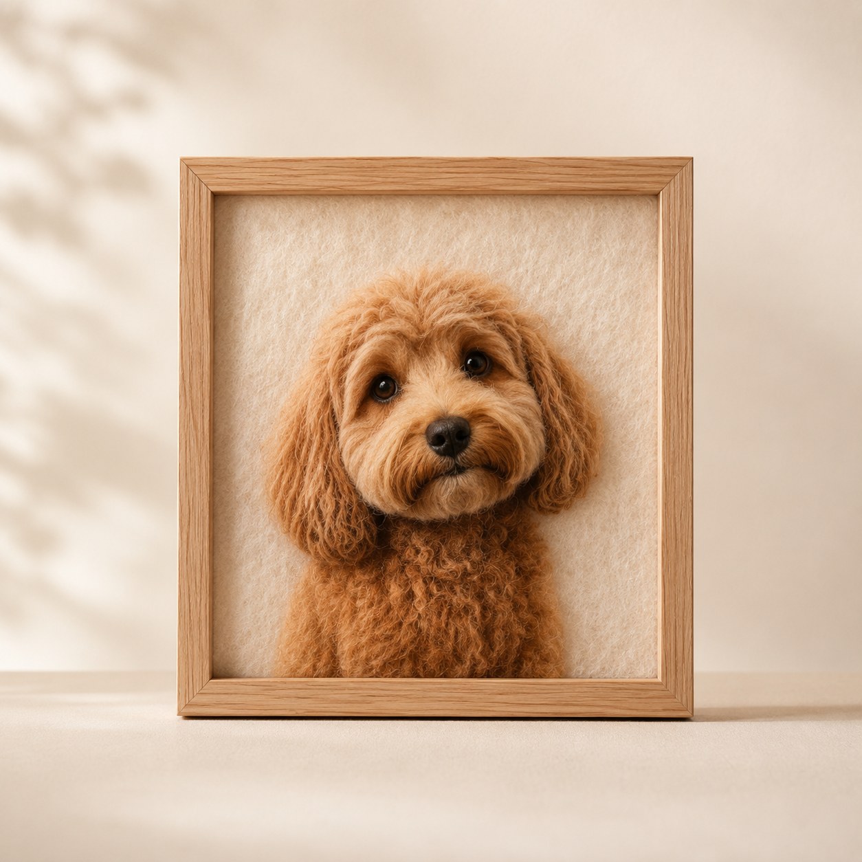 framed felted dog portrait closeup