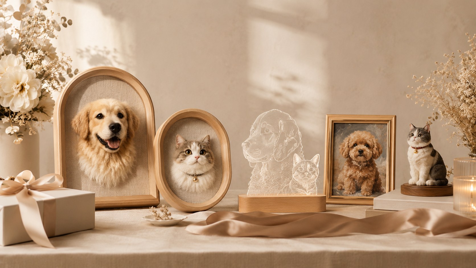 PawAmare collection showing felted portraits acrylic engraving oil painting and figurine