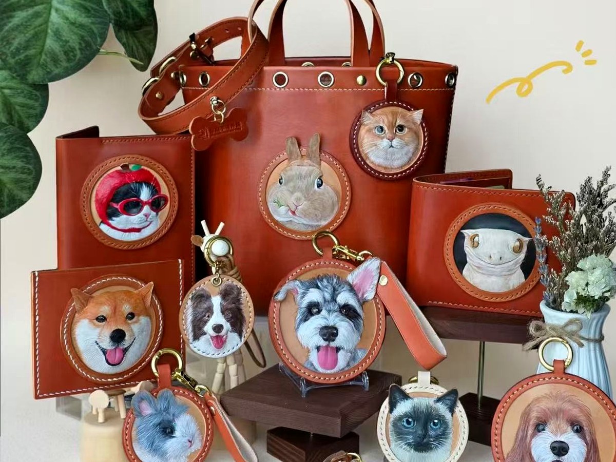 custom leather pet portrait accessories with painted pet faces