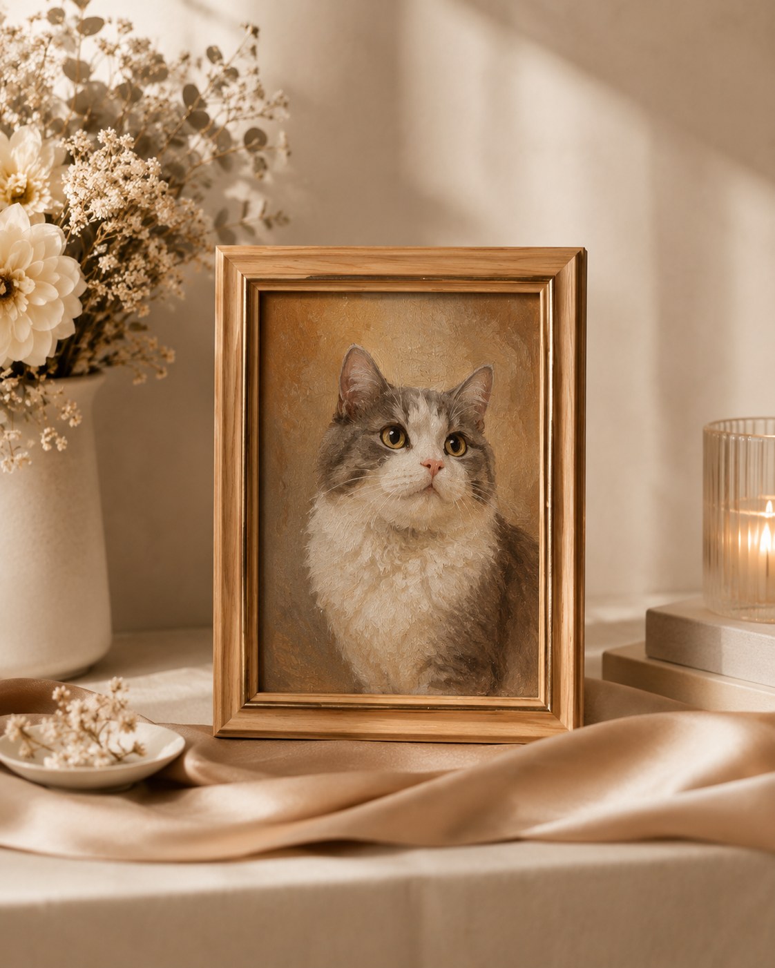 custom cat oil painting in a gold frame