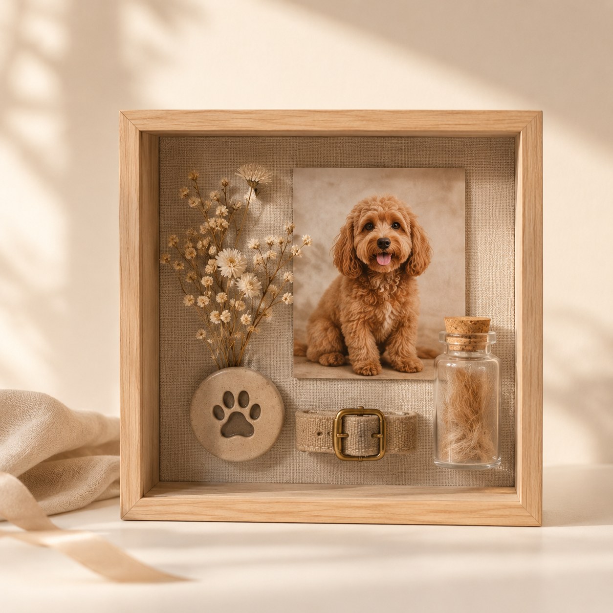 pet memorial shadow box with photo paw print collar and fur vial